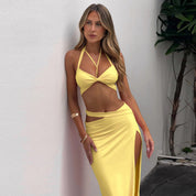 Dames Tweedelige Set met Split Rok | Zomerse Halter Top & Maxi Rok | Gellowy