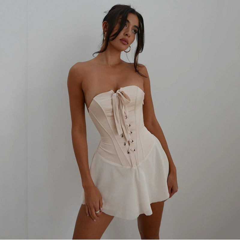 Dames Strapless Corset Mini Jurk met Ruffle Rok | Elegante Getailleerde Jurk met Vrouwelijke Silhouet | Gensa
