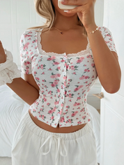 Dames Bloemenprint Top met Kant Afwerking en Knoopsluiting | Slim Fit | Giselle