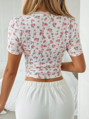 Dames Bloemenprint Top met Kant Afwerking en Knoopsluiting | Slim Fit | Giselle