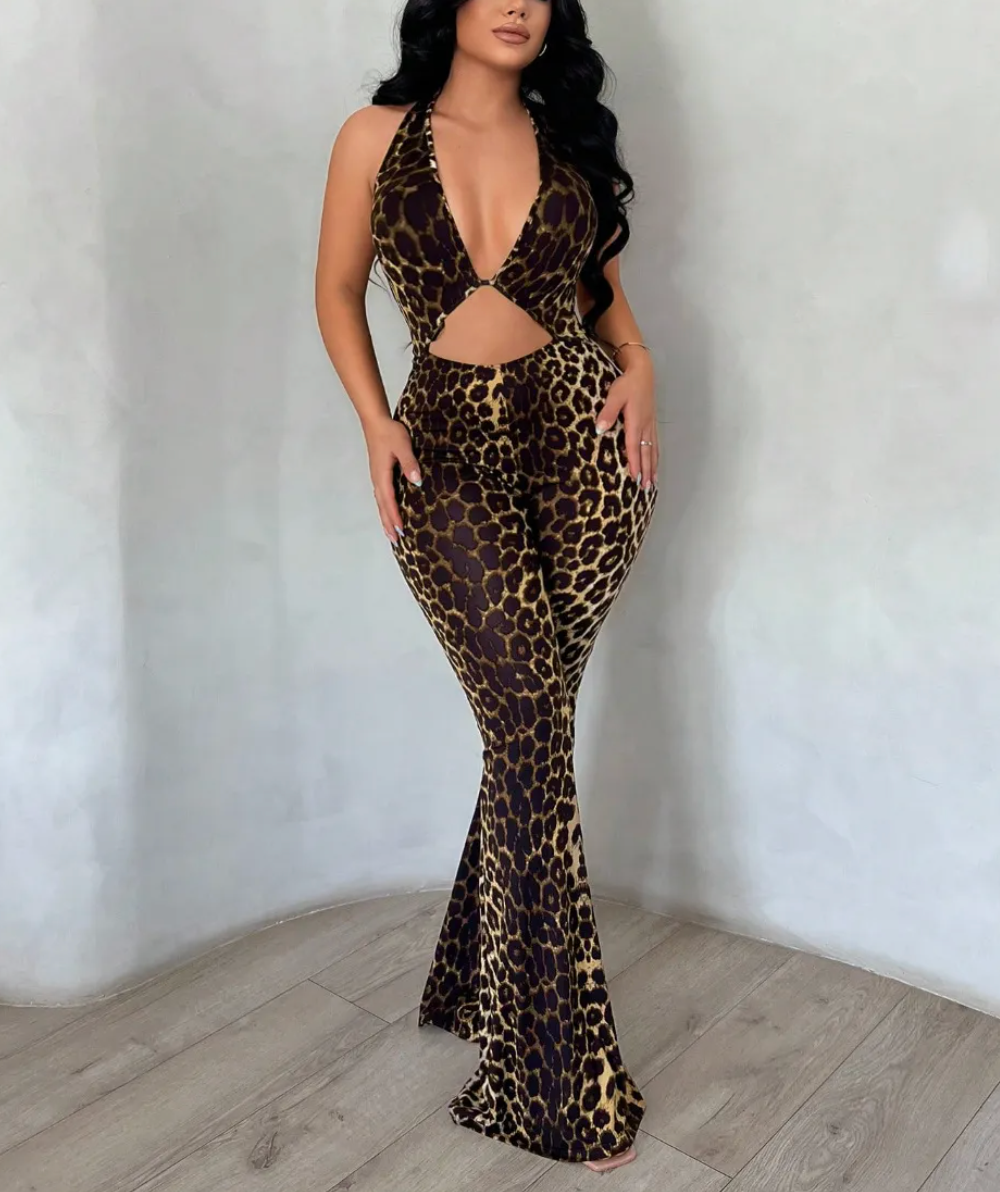 Dames Trendy Gedurfe Luipaard Print Flared Jumpsuit | Statement Zomer en Festival Look | Gleo