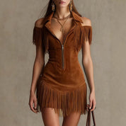 Dames Retro Faux Suède Fringe Jurk met Open Schouders | Gowda