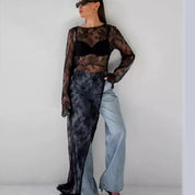 Dames Transparante Kant Top met Lange Mouwen en Split Detail | High-Fashion Statement Item | Goya