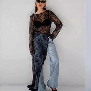 Dames Transparante Kant Top met Lange Mouwen en Split Detail | High-Fashion Statement Item | Goya