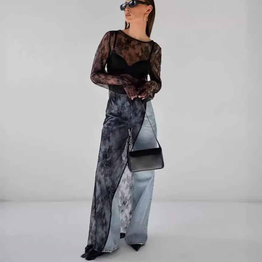 Dames Transparante Kant Top met Lange Mouwen en Split Detail | High-Fashion Statement Item | Goya