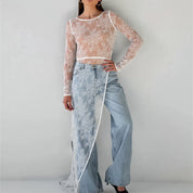 Dames Transparante Kant Top met Lange Mouwen en Split Detail | High-Fashion Statement Item | Goya