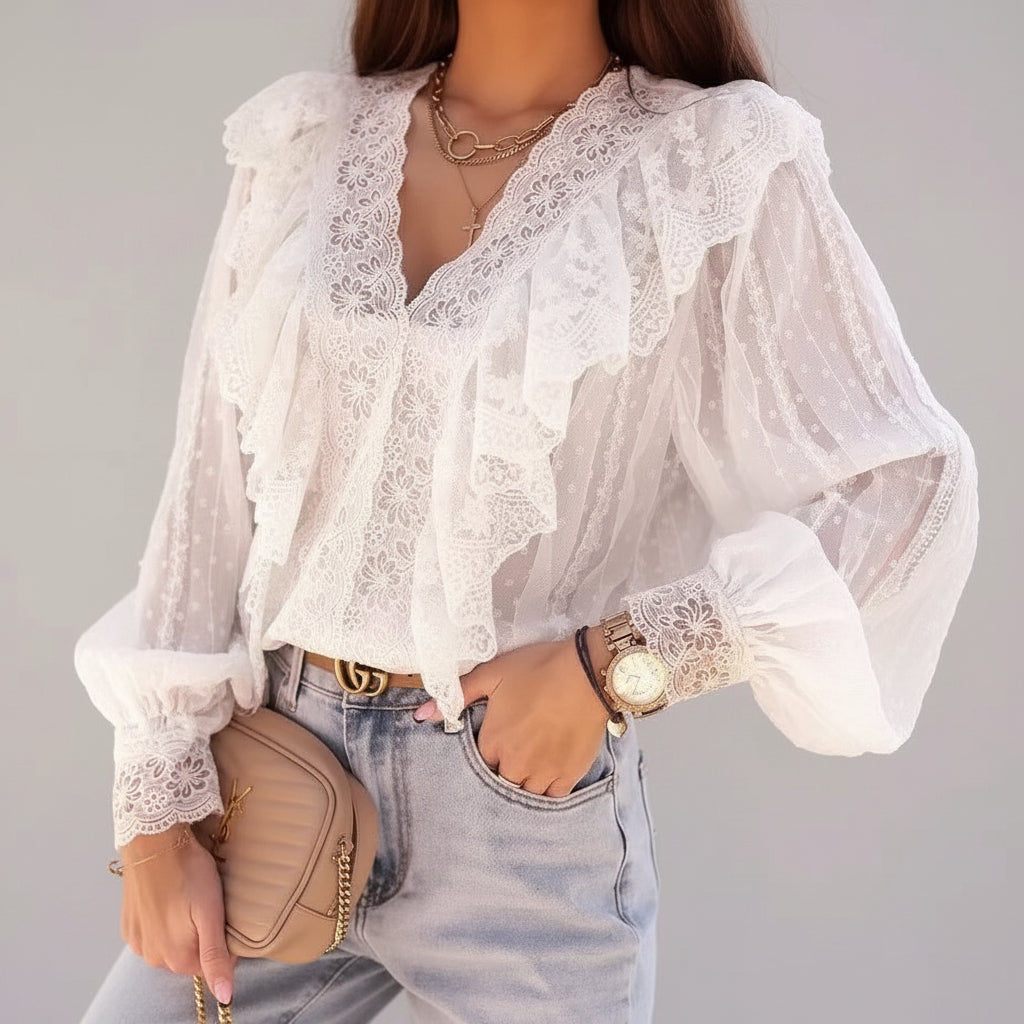Dames Romantische Kanten Blouse met V-hals en Lace Ruffles | Groma