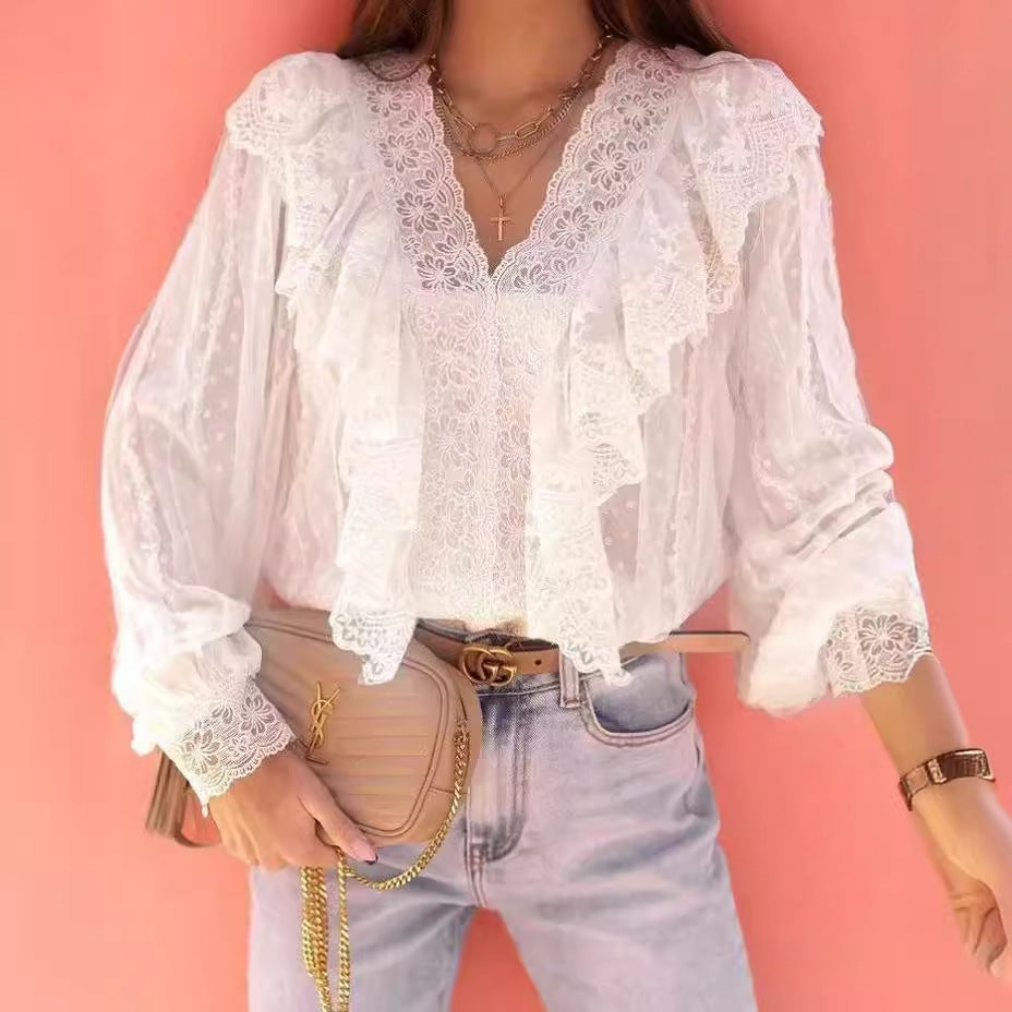 Dames Romantische Kanten Blouse met V-hals en Lace Ruffles | Groma