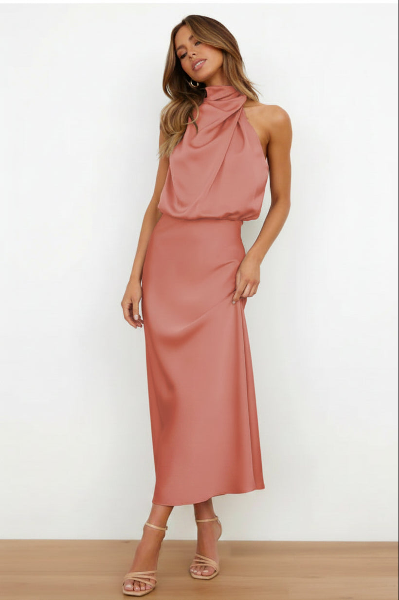 Dames Luxe Satijnen Look Halter Maxi Jurk | Stijlvol en Elegant | Gabsy