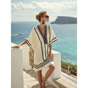 Dames Luxe Linnen Mix Bohemian Kaftan Jurk met Geborduurde V-hals | Gacha
