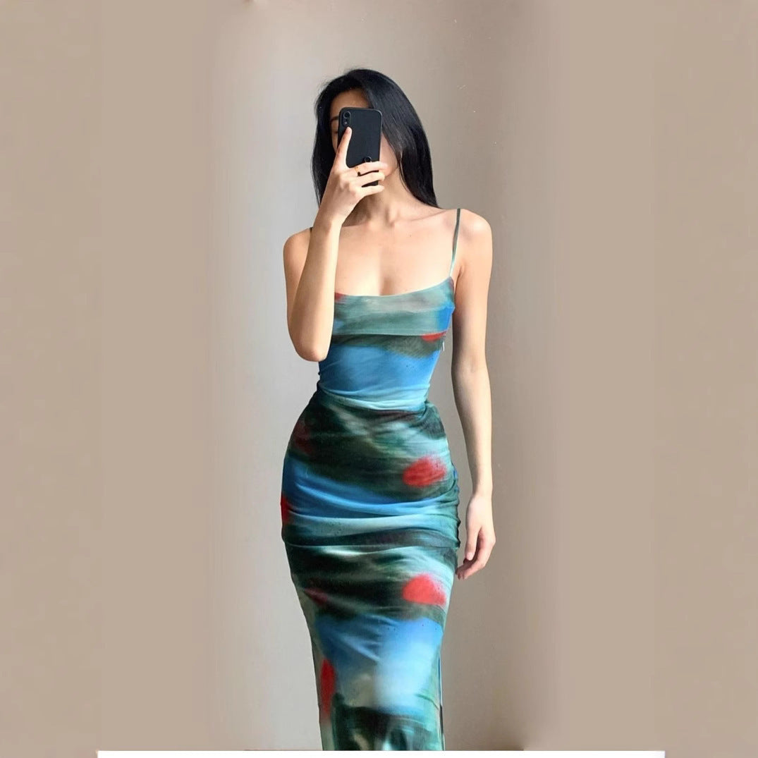 Dames Vintage Tie-Dye Jurk met Smalle Bandjes | Fitted en Elegant | Gael