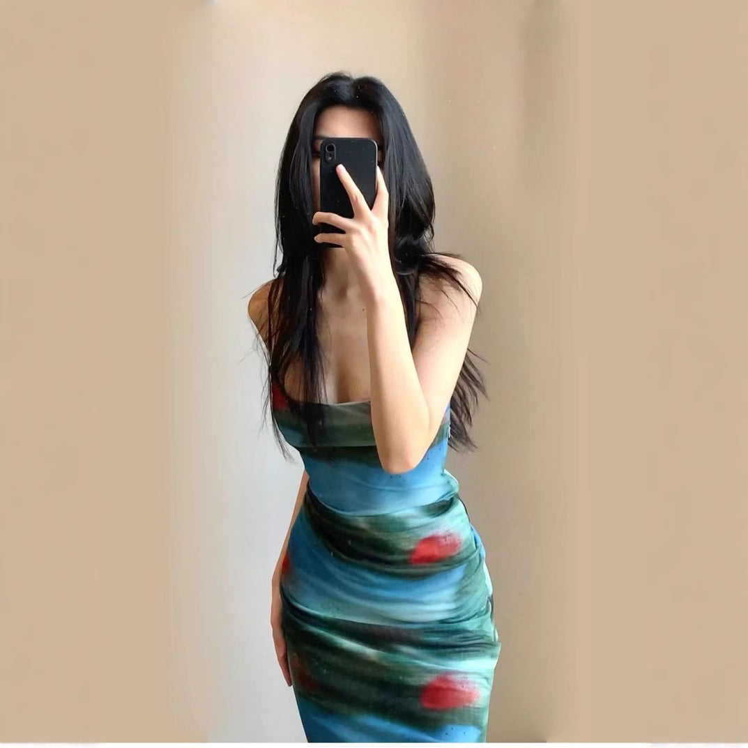 Dames Vintage Tie-Dye Jurk met Smalle Bandjes | Fitted en Elegant | Gael