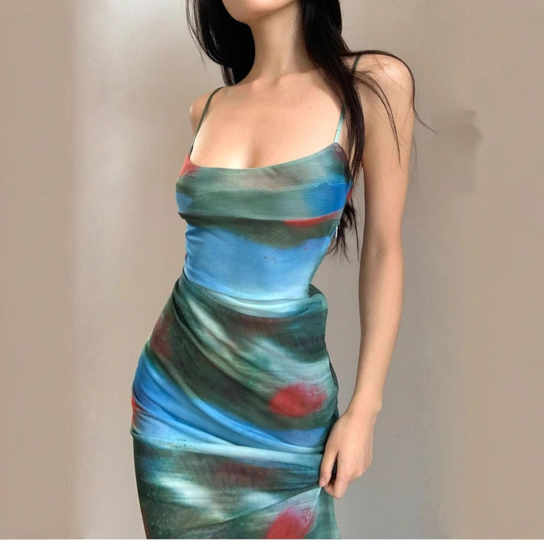 Dames Vintage Tie-Dye Jurk met Smalle Bandjes | Fitted en Elegant | Gael