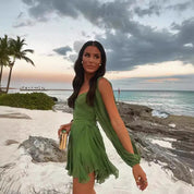 Dames Luchtige Zomerse Off-Shoulder Jurk met Chiffon Mouwen en Laagjes Rok | Gafaela