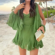 Dames Luchtige Zomerse Off-Shoulder Jurk met Chiffon Mouwen en Laagjes Rok | Gafaela