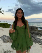 Dames Luchtige Zomerse Off-Shoulder Jurk met Chiffon Mouwen en Laagjes Rok | Gafaela