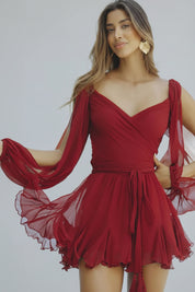Dames Luchtige Zomerse Off-Shoulder Jurk met Chiffon Mouwen en Laagjes Rok | Gafaela