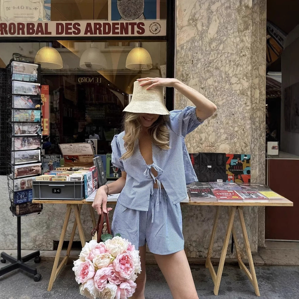 Dames Geruite Zomerset met Strikdetail en Luchtige Short | Tweedelige Ruit Pufmouw set | Gaia
