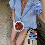 Dames Geruite Zomerset met Strikdetail en Luchtige Short | Tweedelige Ruit Pufmouw set | Gaia