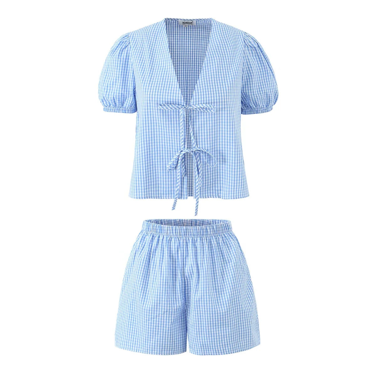 Dames Geruite Zomerset met Strikdetail en Luchtige Short | Tweedelige Ruit Pufmouw set | Gaia