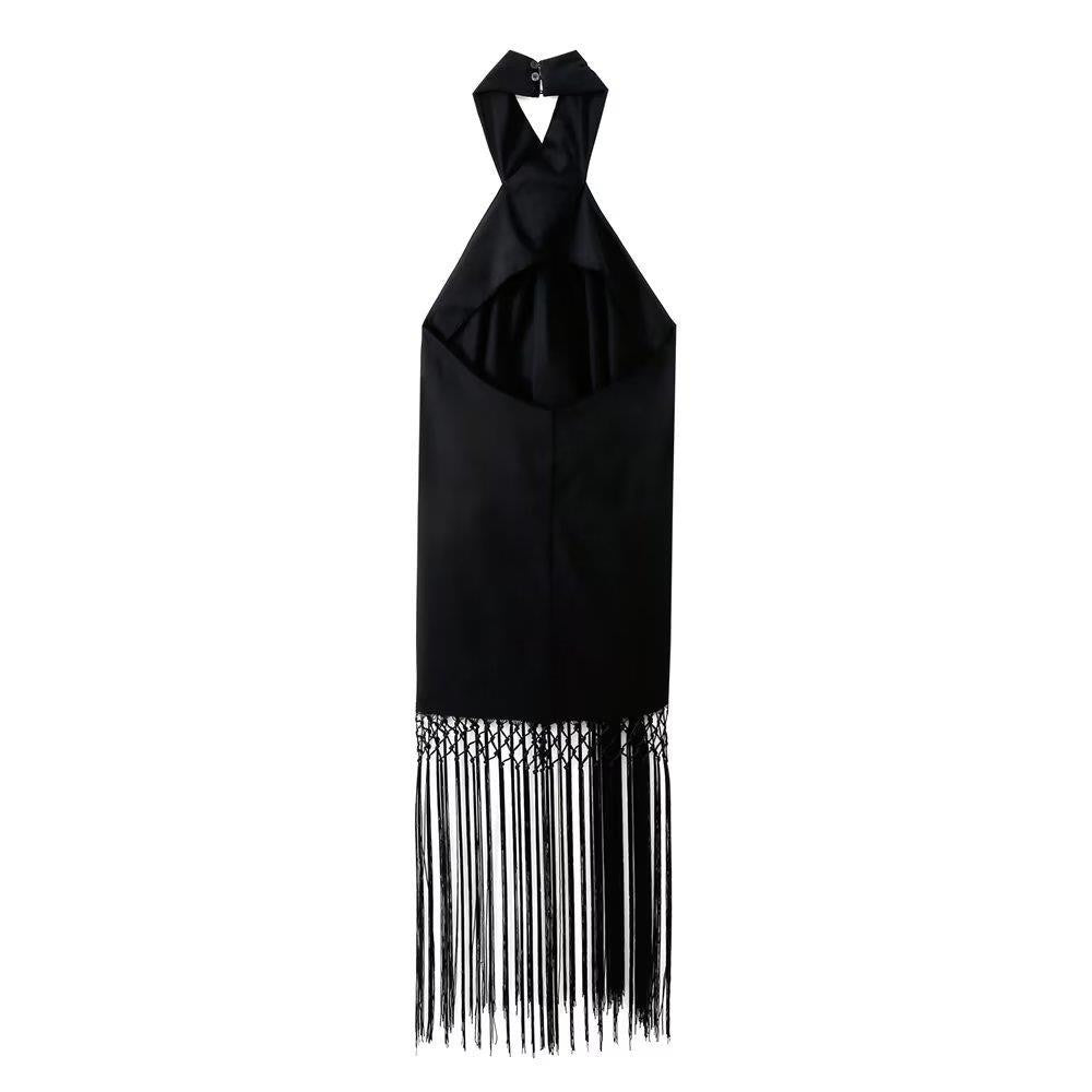 Dames Elegante Halter Maxi Jurk met Open Rug en Fringe Details | Trendy en Luchtig | Gaja