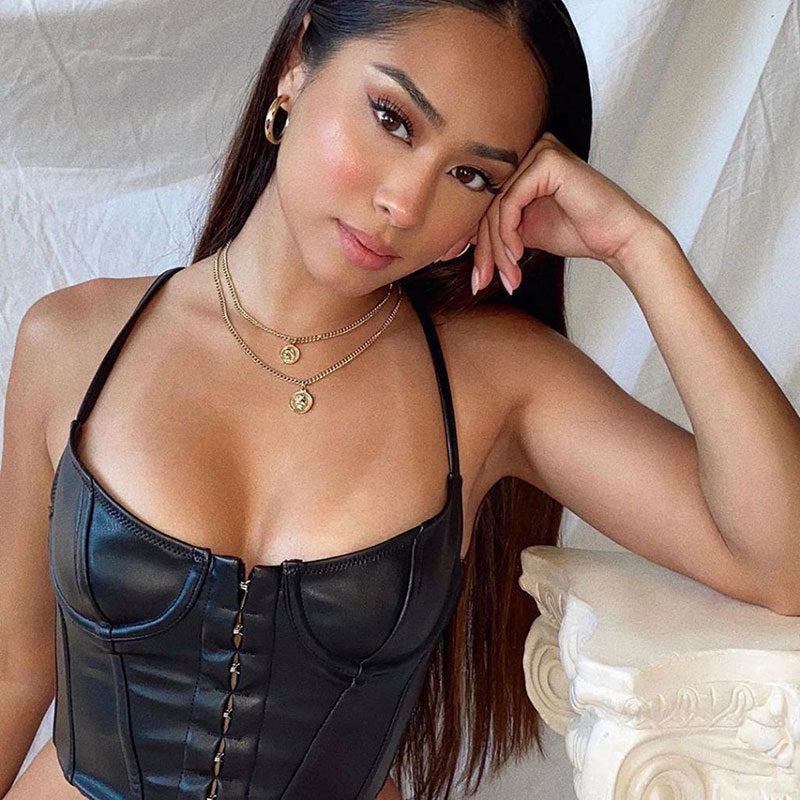 Dames Leren Korset Top Dames | Sexy PU Leren Bustier Top | Galanya