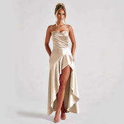 Dames Elegante Satijn Look Jurk met Open Rug en Split | Gali