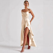 Dames Elegante Satijn Look Jurk met Open Rug en Split | Gali