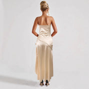 Dames Elegante Satijn Look Jurk met Open Rug en Split | Gali