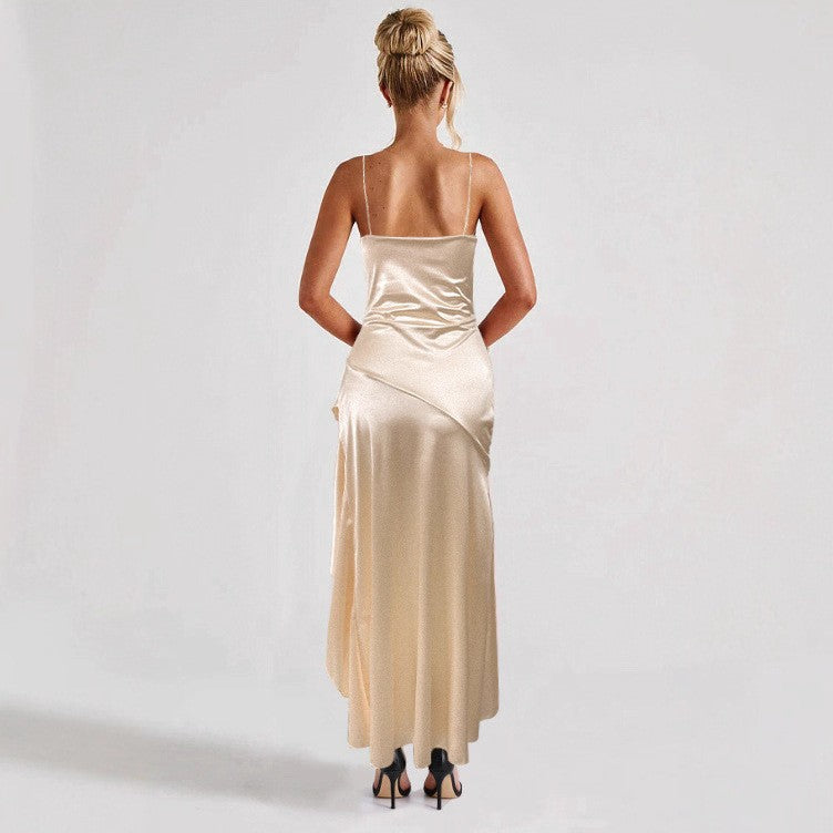Dames Elegante Satijn Look Jurk met Open Rug en Split | Gali