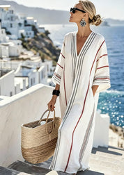 Dames Luxe Linnen Look Kaftan Jurk met V-hals en Strepen | Galina