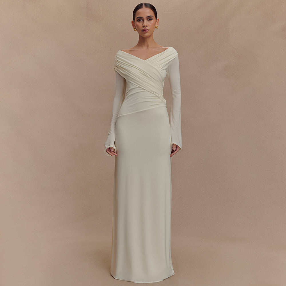 Dames Elegante Maxi Jurk met V-Hals en Geplooide Taille | Galora