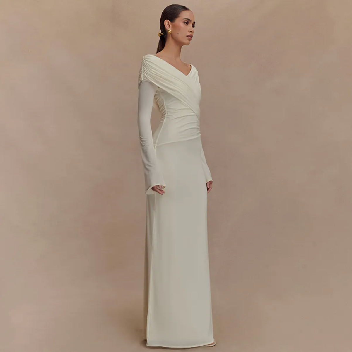 Dames Elegante Maxi Jurk met V-Hals en Geplooide Taille | Galora