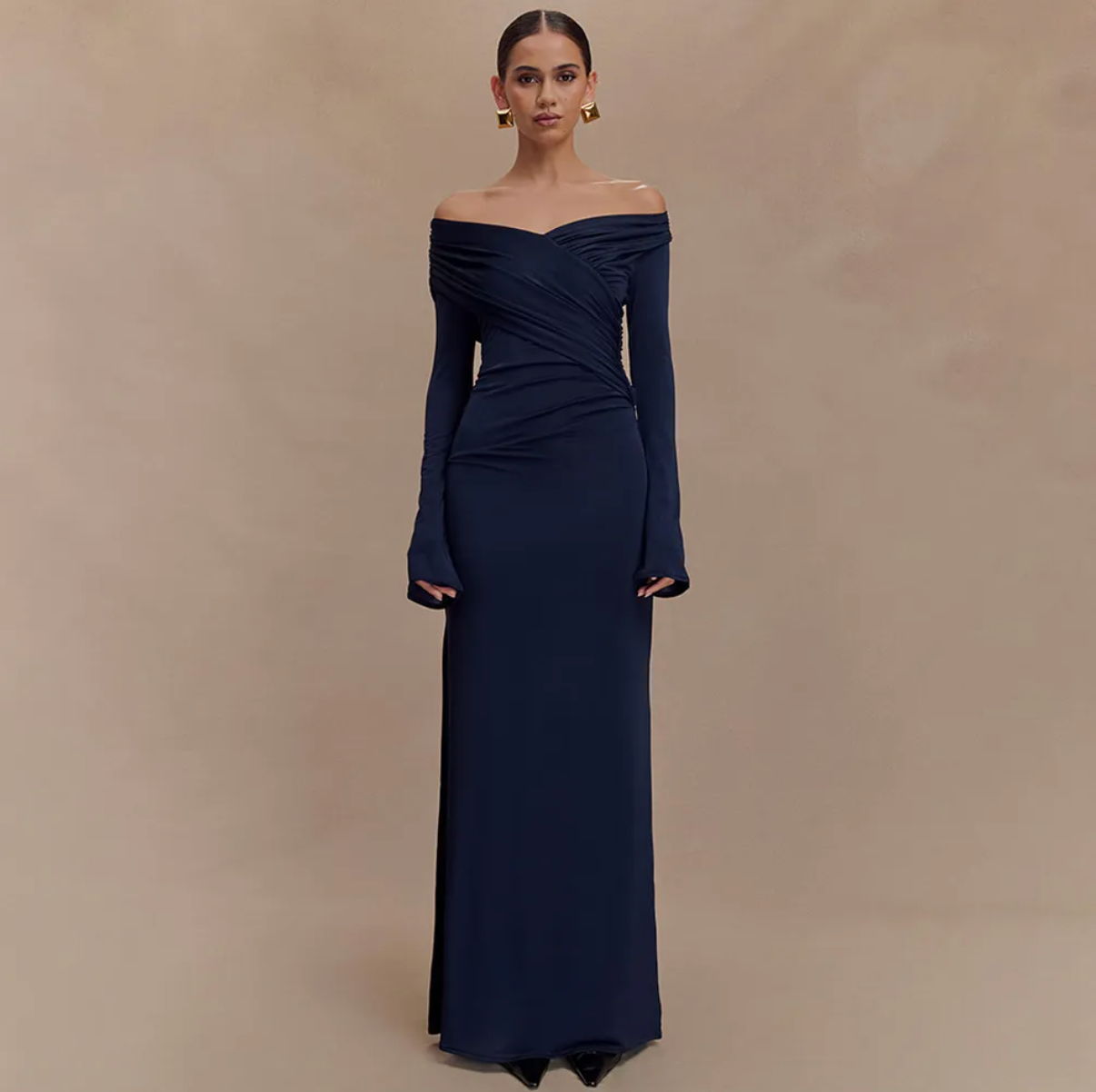 Dames Elegante Maxi Jurk met V-Hals en Geplooide Taille | Galora