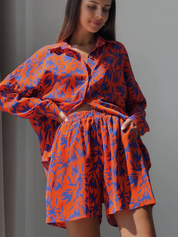 Dames Oranje Set Met Blad Palm Print | Tweedelige Blouse En Short Set Voor Zomer & Vakantie | Gamza