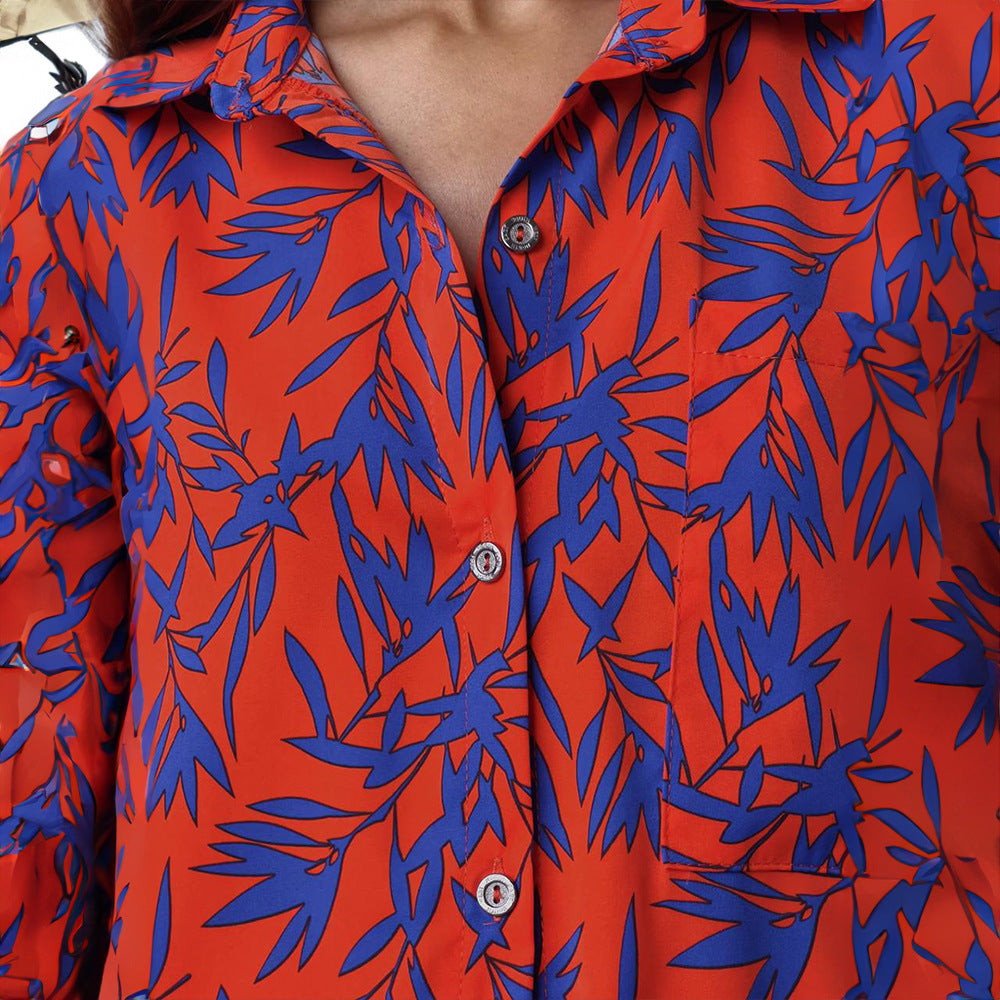 Dames Oranje Set Met Blad Palm Print | Tweedelige Blouse En Short Set Voor Zomer & Vakantie | Gamza