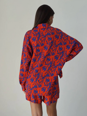 Dames Oranje Set Met Blad Palm Print | Tweedelige Blouse En Short Set Voor Zomer & Vakantie | Gamza
