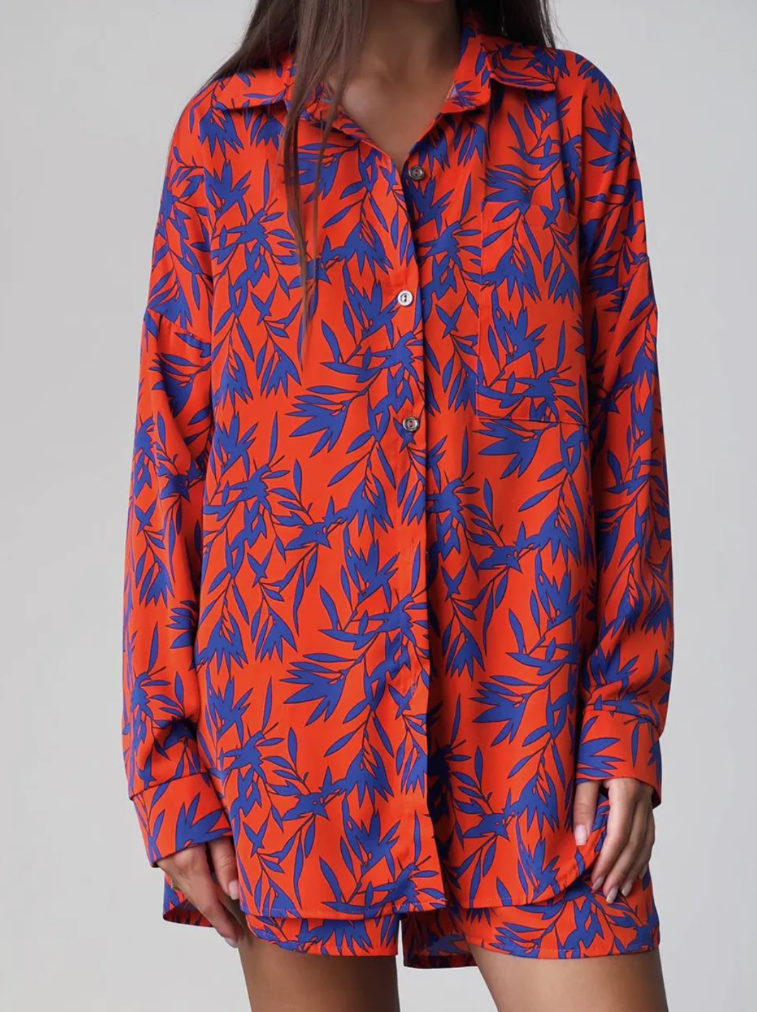 Dames Oranje Set Met Blad Palm Print | Tweedelige Blouse En Short Set Voor Zomer & Vakantie | Gamza