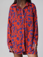 Dames Oranje Set Met Blad Palm Print | Tweedelige Blouse En Short Set Voor Zomer & Vakantie | Gamza