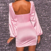 Dames Elegante Satijnen Fitted Mini Jurk met Pofmouwen | Ganaria