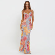 Dames Luchtige Bloemen Panter Print Slim Fit Slip Maxi Jurk | Gandrea