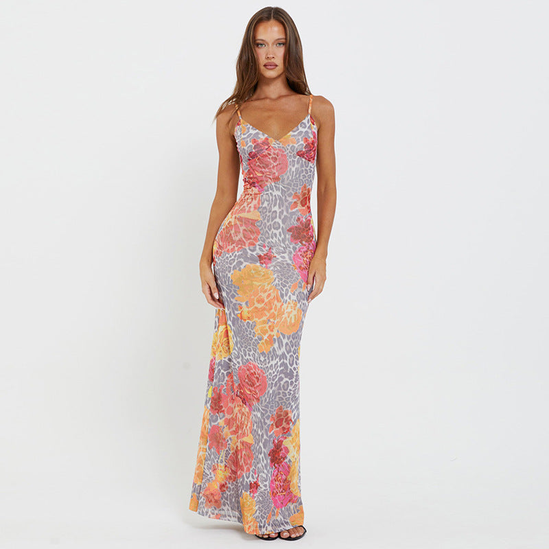 Dames Luchtige Bloemen Panter Print Slim Fit Slip Maxi Jurk | Gandrea