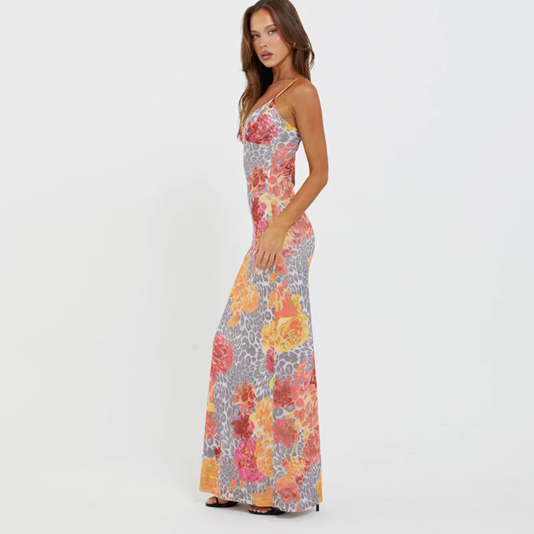 Dames Luchtige Bloemen Panter Print Slim Fit Slip Maxi Jurk | Gandrea