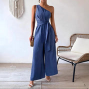 Dames Luchtige Linnen Look One-Shoulder Wide Leg Jumpsuit met Tailleceintuur | Gania