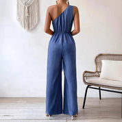 Dames Luchtige Linnen Look One-Shoulder Wide Leg Jumpsuit met Tailleceintuur | Gania