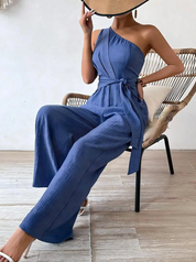 Dames Luchtige Linnen Look One-Shoulder Wide Leg Jumpsuit met Tailleceintuur | Gania