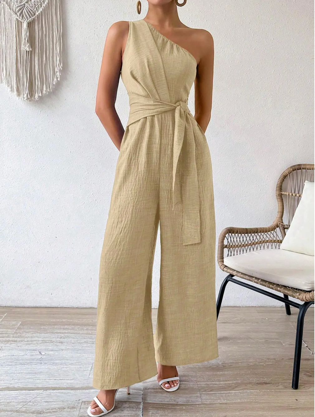 Dames Luchtige Linnen Look One-Shoulder Wide Leg Jumpsuit met Tailleceintuur | Gania