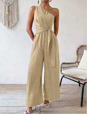 Dames Luchtige Linnen Look One-Shoulder Wide Leg Jumpsuit met Tailleceintuur | Gania