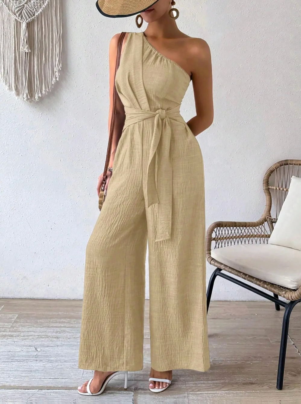 Dames Luchtige Linnen Look One-Shoulder Wide Leg Jumpsuit met Tailleceintuur | Gania
