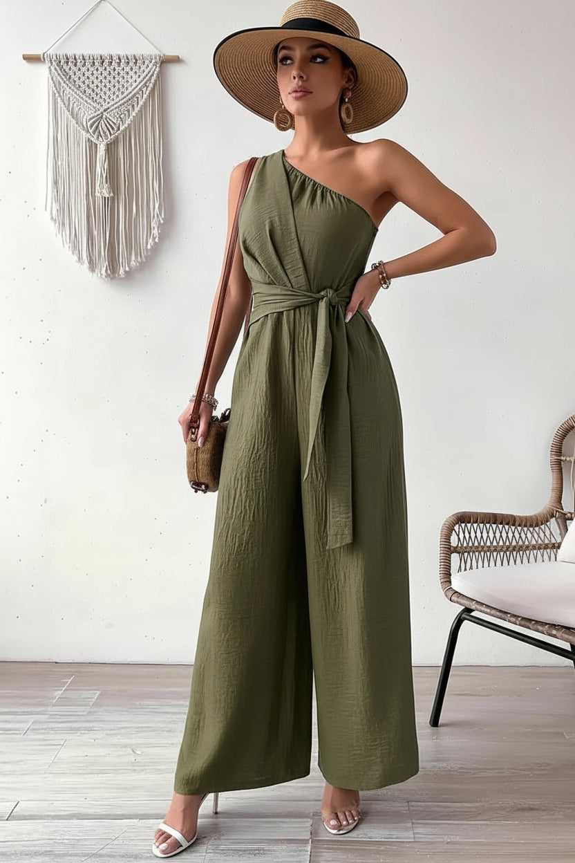 Dames Luchtige Linnen Look One-Shoulder Wide Leg Jumpsuit met Tailleceintuur | Gania
